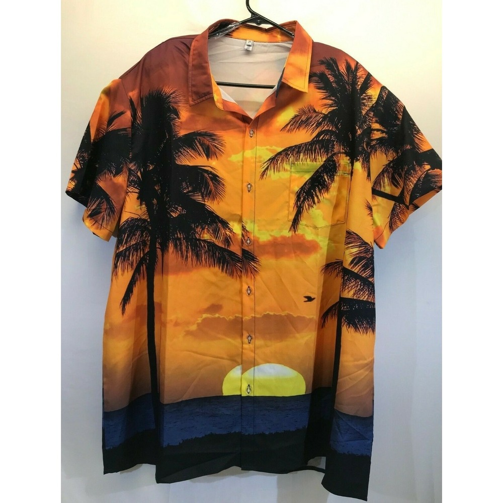 NEW Men's Misslook Sunset Palm Tree Hawaiian Short Sleeve Camp Shirt 3XL‎